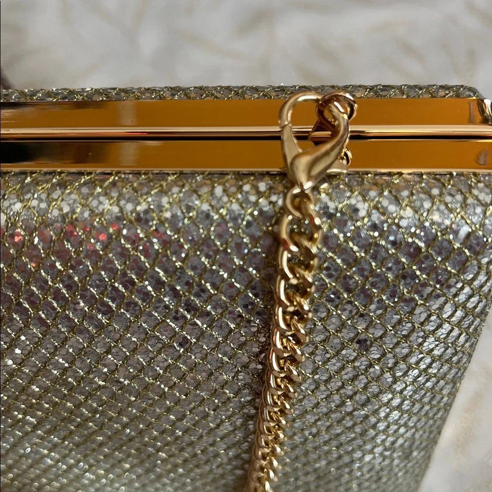 Starlet Gold & Sliver Clutch gold rhinestone ring clasp & Gold chain 8”LX4.5”H